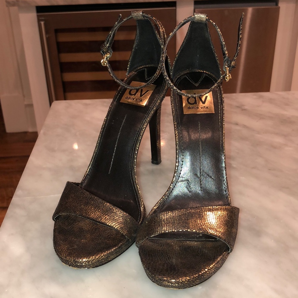 Dolce Vita strappy gold and black heels